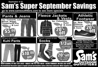 Super September Savings, Sam&#39;s Outdoor Outfitters, Hadley, MA