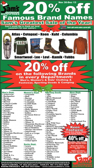 20 OFF, Sam's Outdoor Outfitters, Hadley, MA